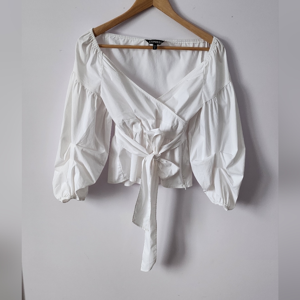 Express off shoulder wrap top with balloon sleeves